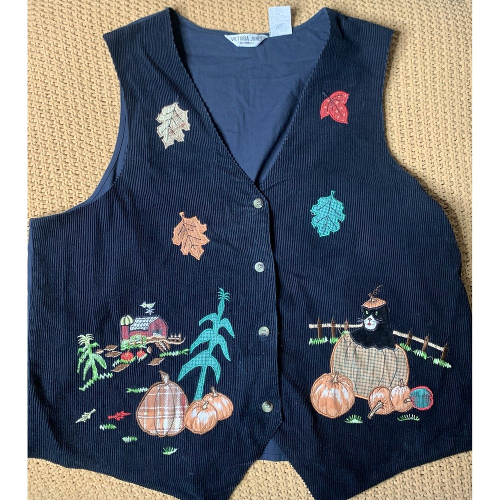 Women's 20W Vintage Fall Pumpkin Farm Cat Embroidered Corduroy Vest Grandma